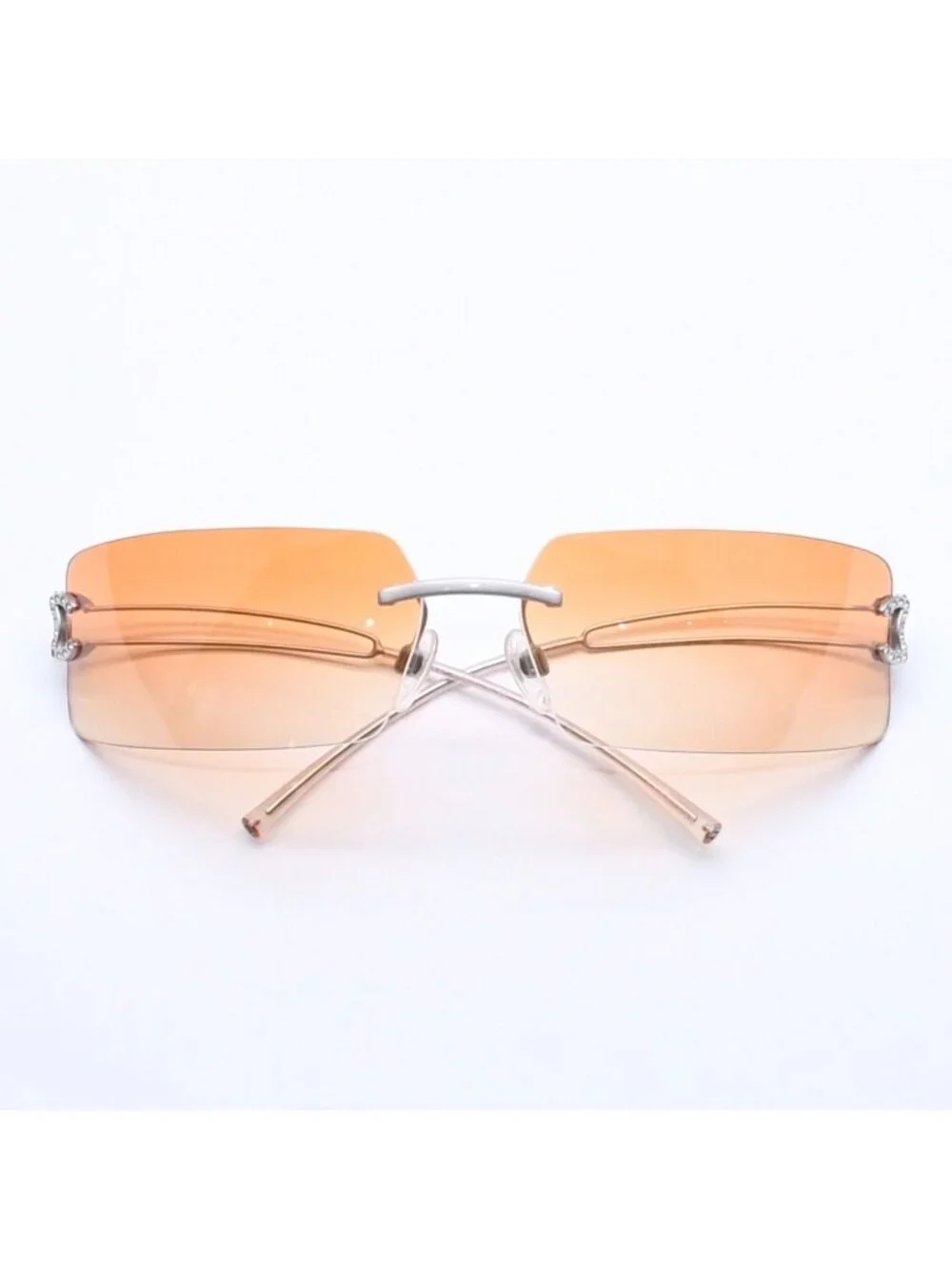 Chanel Rimless Sunglasses Orange Gradient Lens Rhinestone CC Logo Silver Eyewear